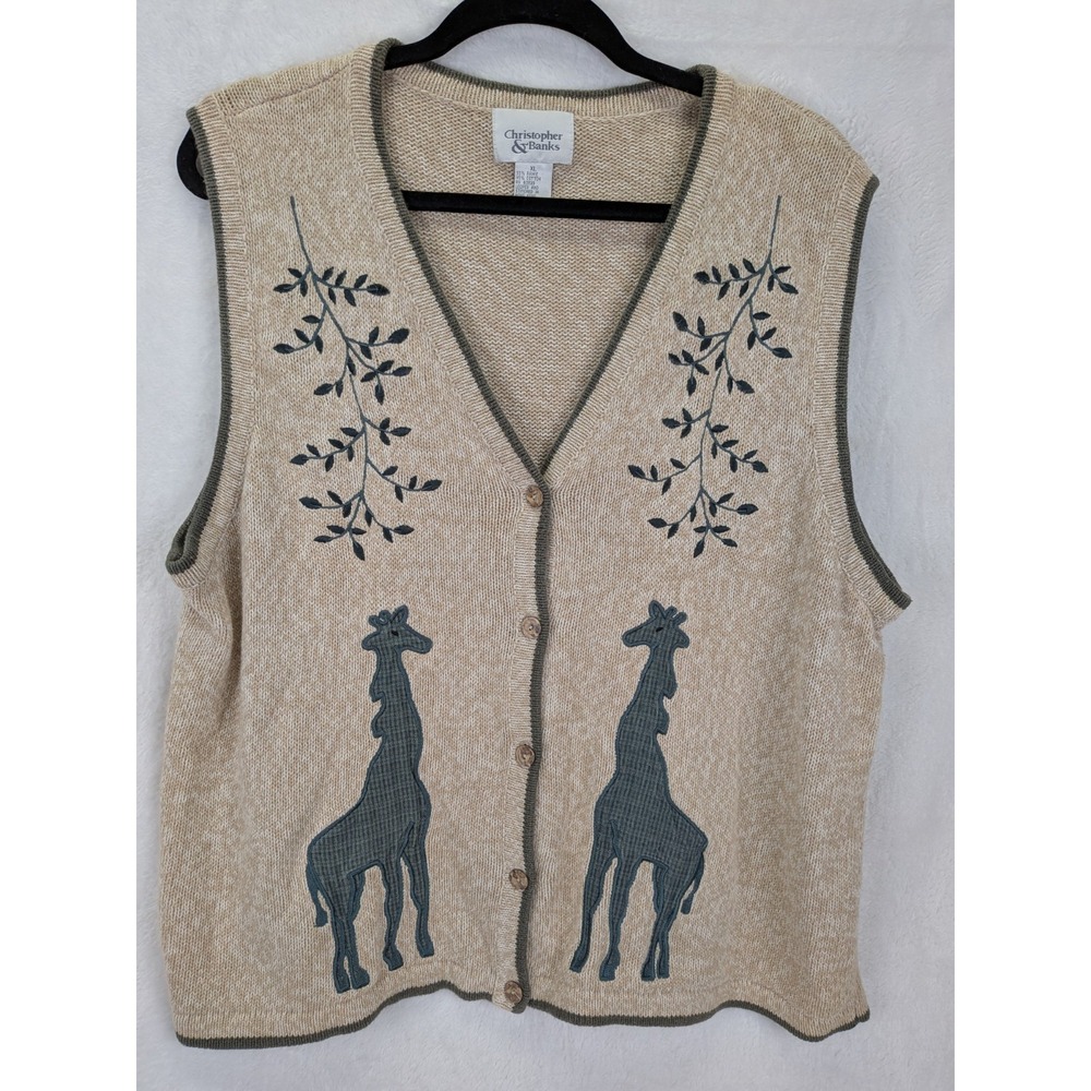 Christopher & Banks Cardigan Sweater Vest XL Embroidered Giraffe Grandma Cottage